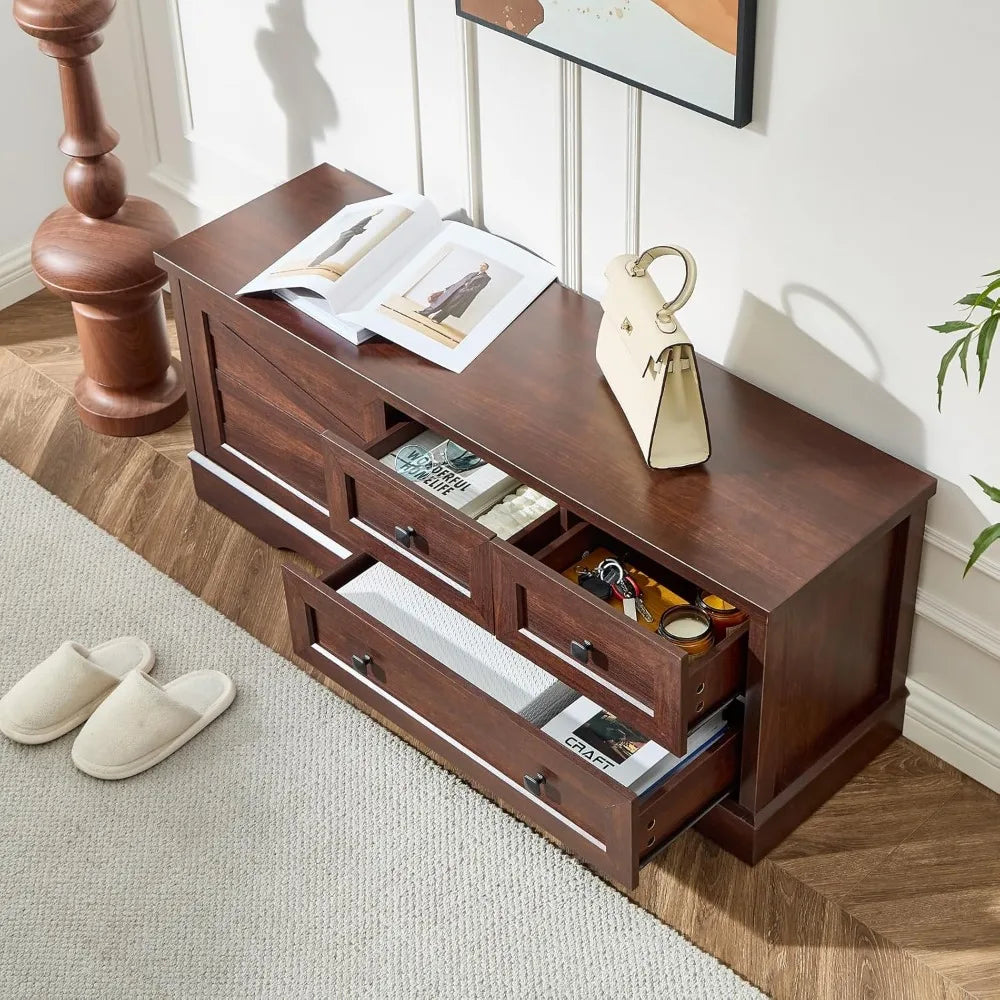 Wooden Farmhouse Storage Bench with Drawers for Bedroom or Living Room