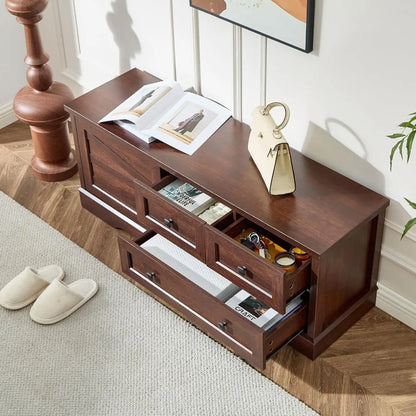 Wooden Farmhouse Storage Bench with Drawers for Bedroom or Living Room