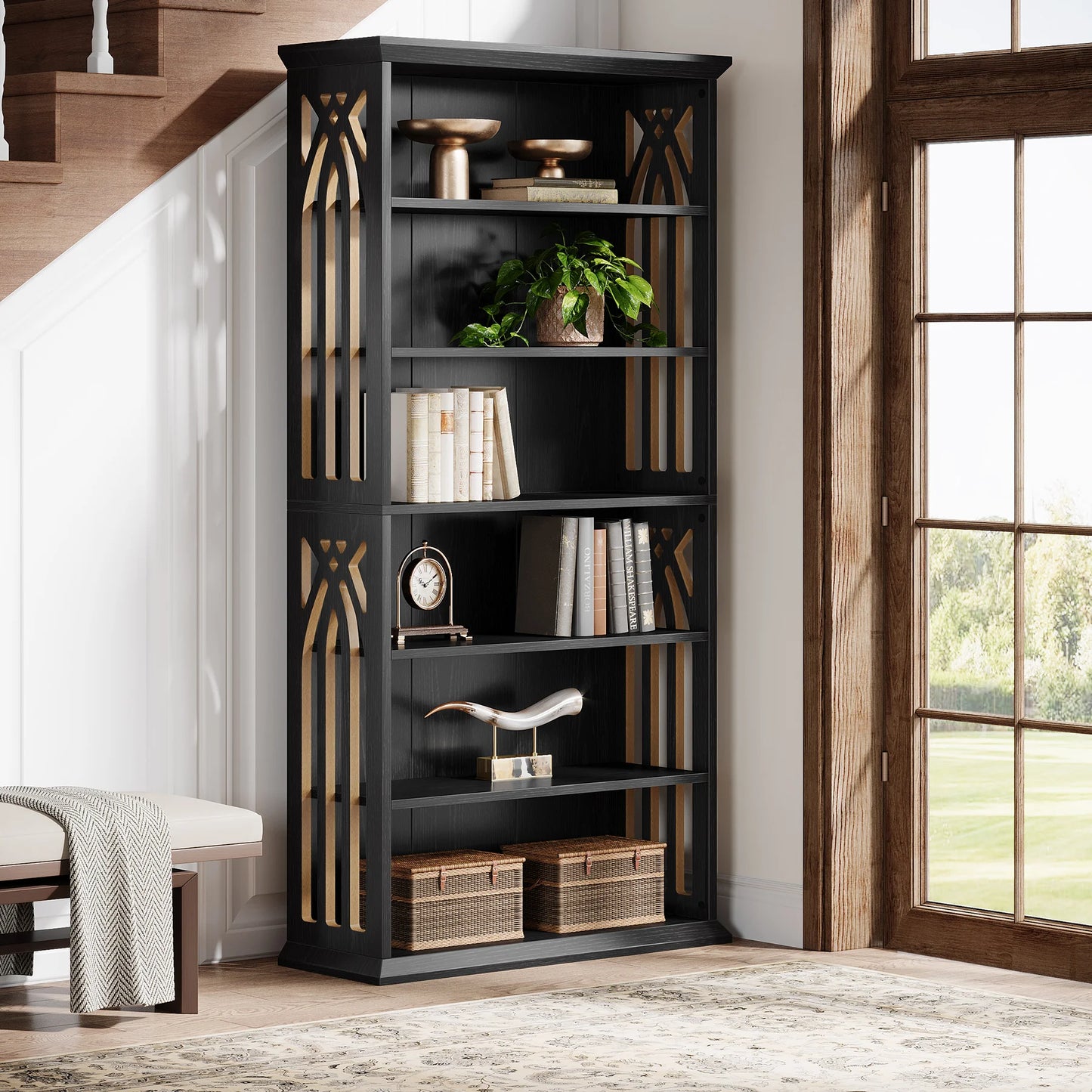 75" Tall Wooden Bookshelf with Display Shelves