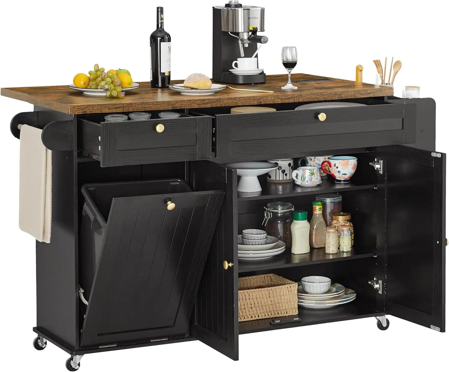 Mobile Kitchen Island with Trash Storage Cabinet & Power Outlet