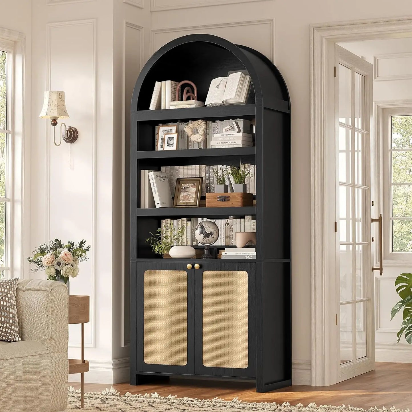 81" Tall Arched Bookshelf with Display Shelves & Cabinet Doors