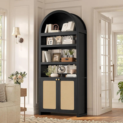 81" Tall Arched Bookshelf with Display Shelves & Cabinet Doors
