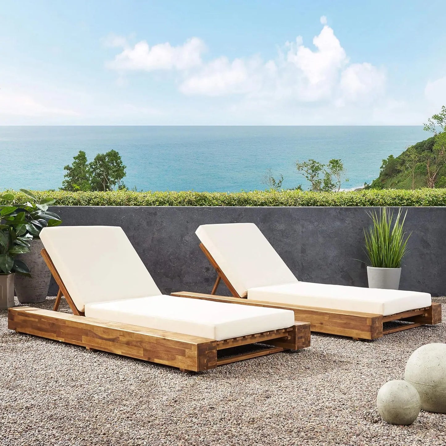 Acacia Wood Outdoor Chaise Lounge Set of 2