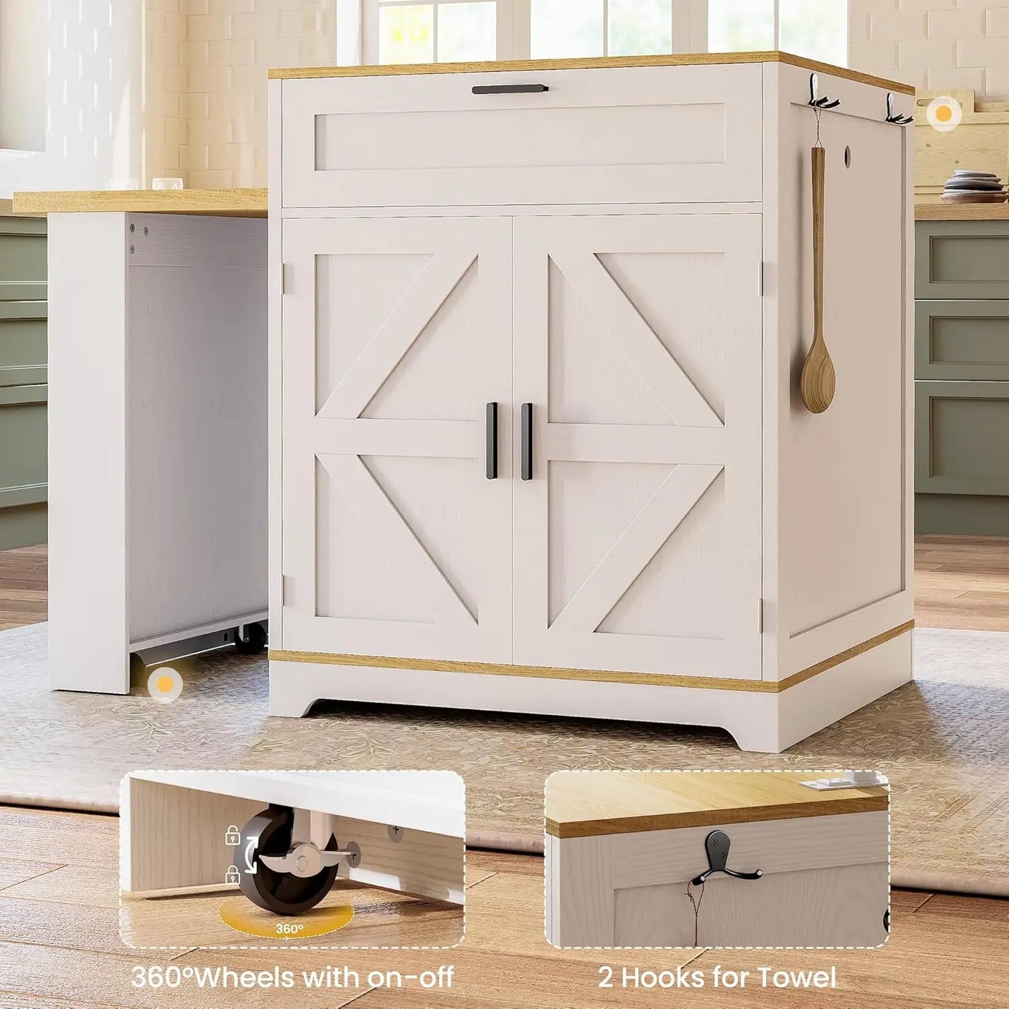 Extendable Farmhouse Kitchen Island with Dining Table & Spice Rack