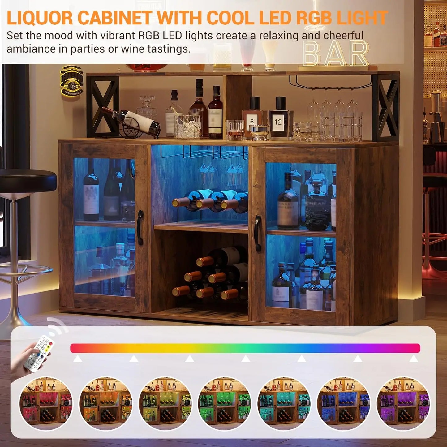 Farmhouse Wine Bar Cabinet with LED Light &Power Outlets