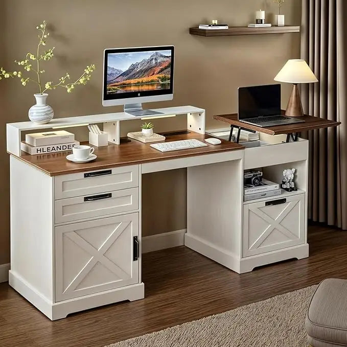 Farmhouse Home Office Desk with File Drawer & Lift Top