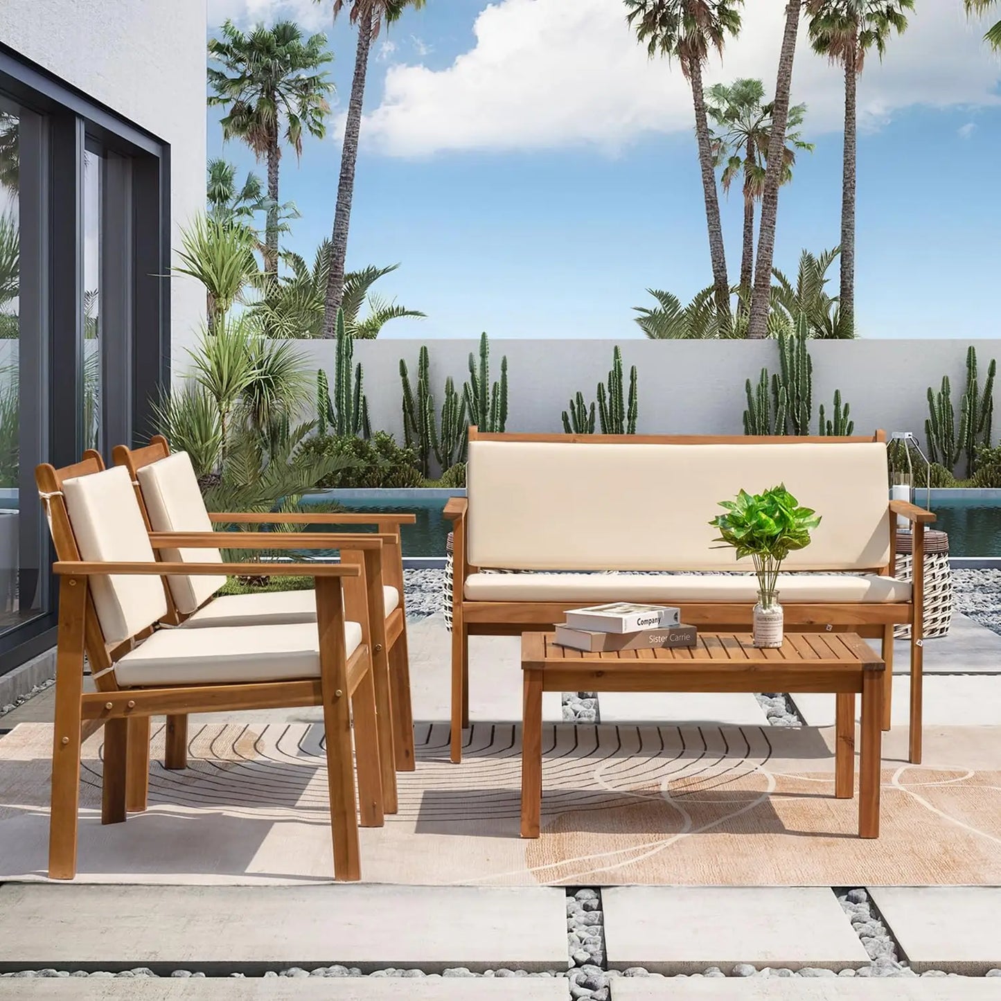 4 Piece Wood Patio Set with Loveseat & Coffee Table