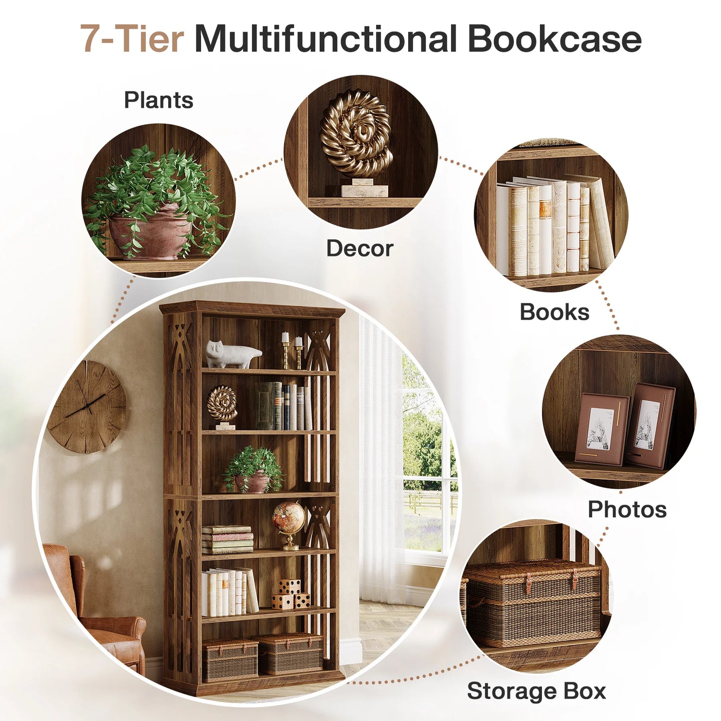 75" Tall Wooden Bookshelf with Display Shelves