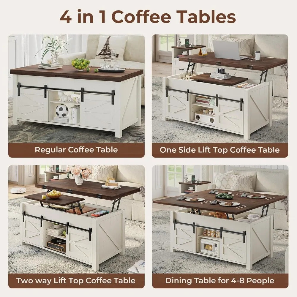 Lift Top Farmhouse Coffee Table with Adjustable Shelves