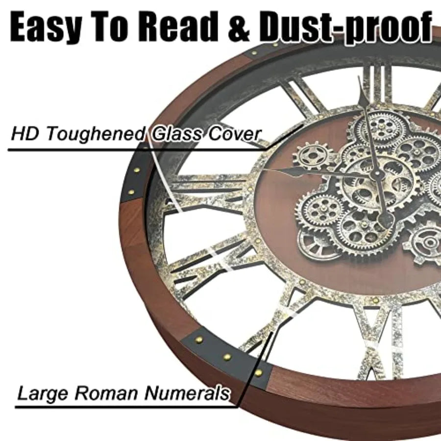 Rustic Farmhouse Industrial Wall Clock for Living Room Decor, Black Walnut Solid Wood Metal, Retro Steampunk Gears Design,  V