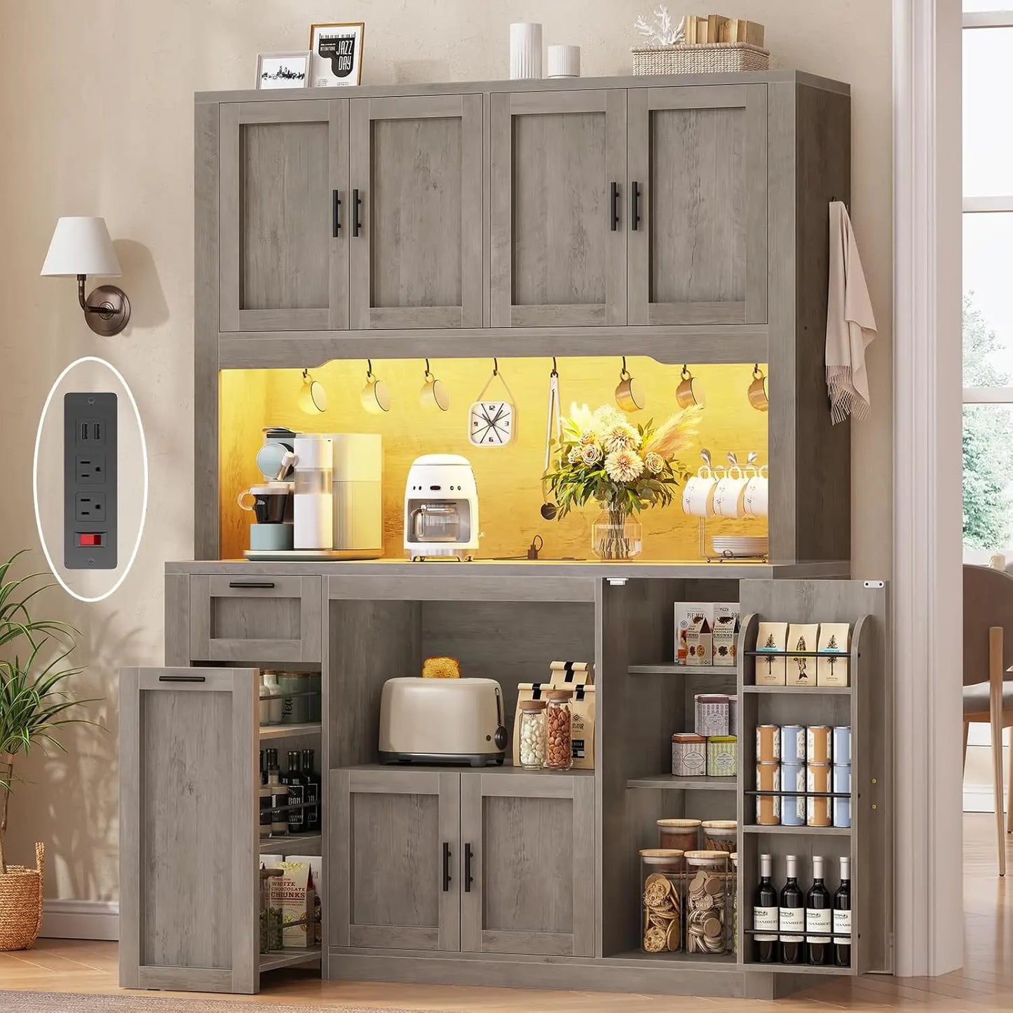 Kitchen Pantry Cabinet with Charging Station & LED Light