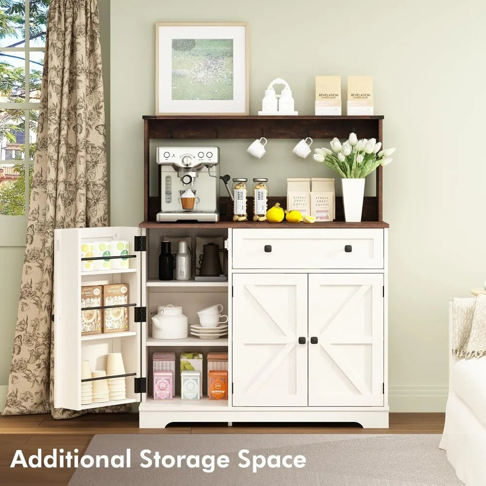 Farmhouse Coffee Bar Cabinet & Hutch with Charging Station