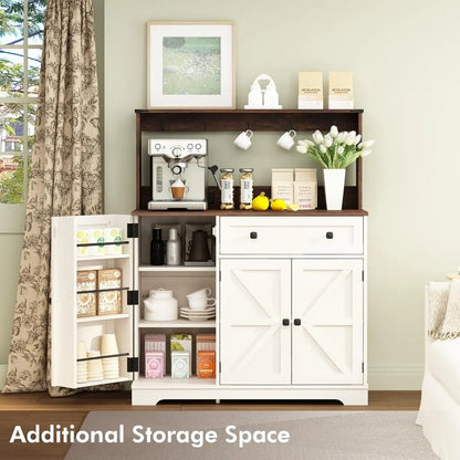 Farmhouse Coffee Bar Cabinet & Hutch with Charging Station