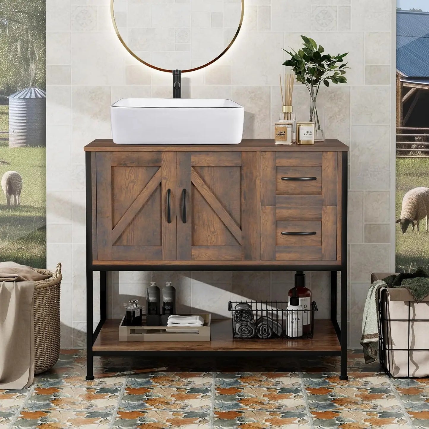 Farmhouse Bathroom Vanity with Ceramic Vessel Sink
