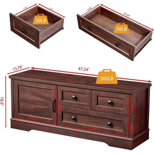 Wooden Farmhouse Storage Bench with Drawers for Bedroom or Living Room