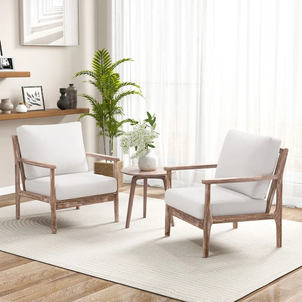 Set of 2, Wood Frame Accent Chairs with Cushions