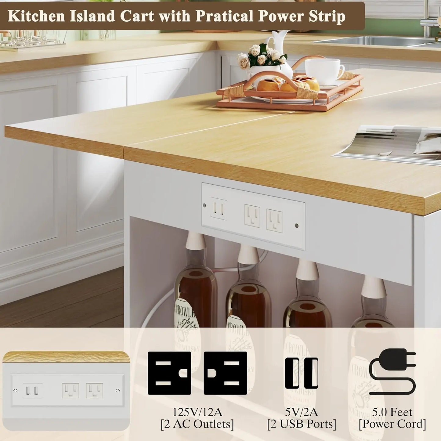 Rolling Kitchen Island with Drop Leaf & Spice Rack Shelf