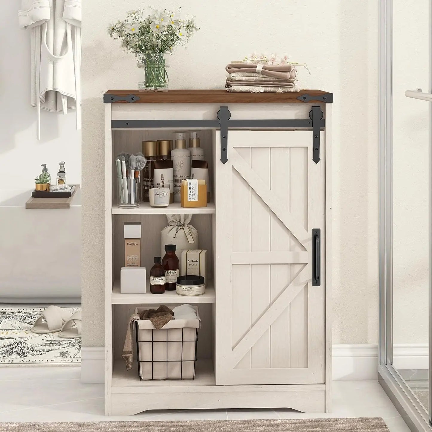 Farmhouse Bathroom Storage Cabinet with Sliding Door