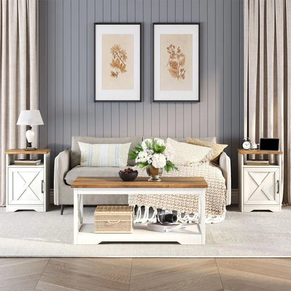 3-Piece, Farmhouse Coffee & End Tables Set with USB Ports
