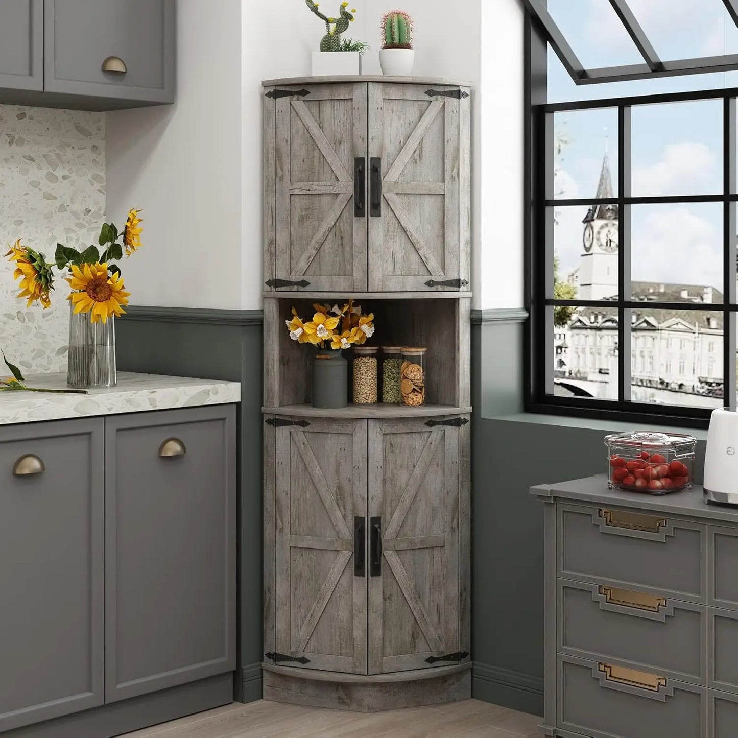 64.8" Tall Farmhouse Corner Storage Cabinet