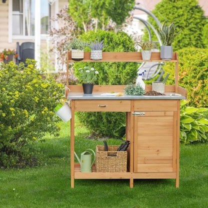 Outdoor Garden Potting Bench with Metal Tabletop