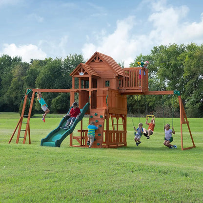 Wooden Clubhouse Fort with Swing Set & Slide