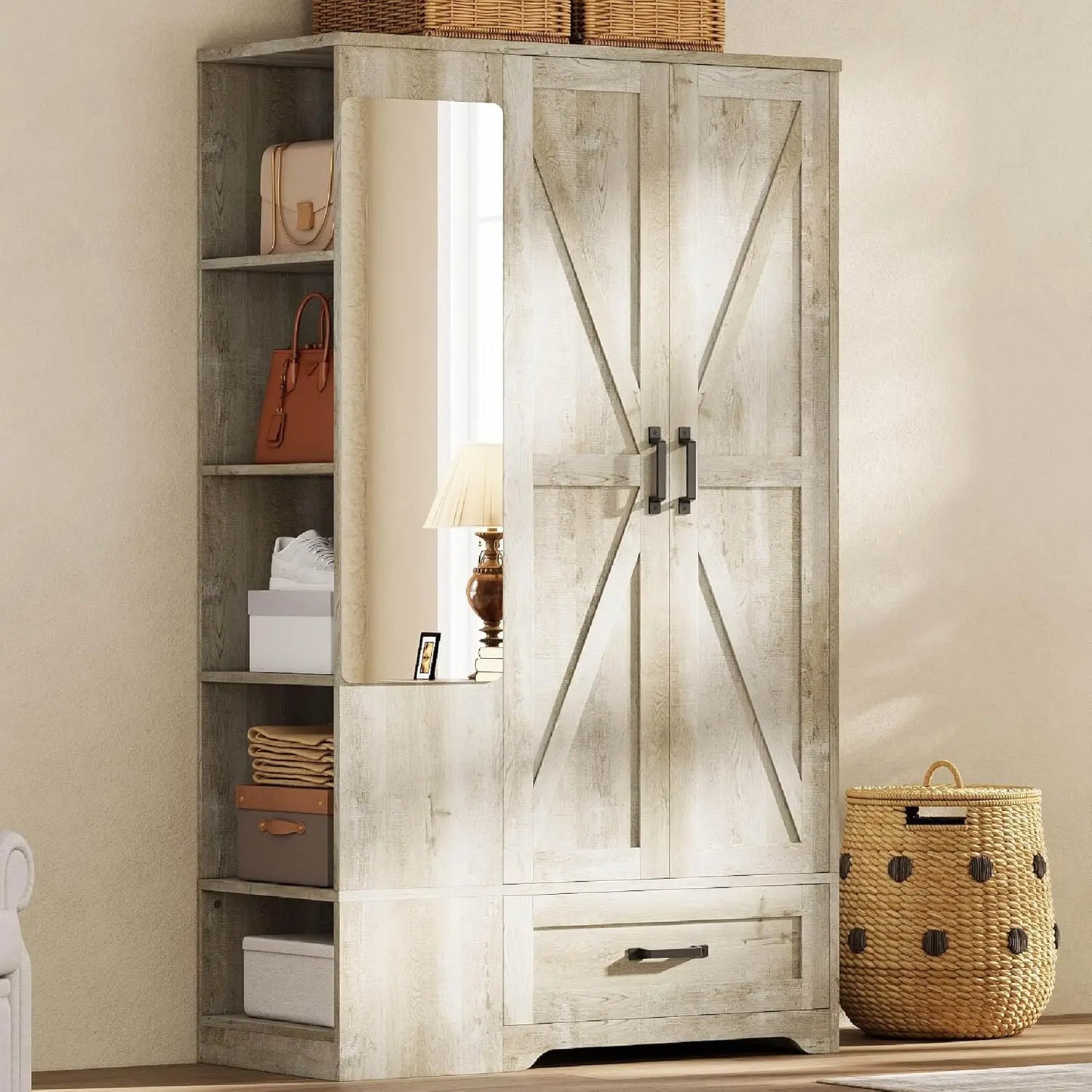 70" Tall Wardrobe Closet with Mirror for Bedroom