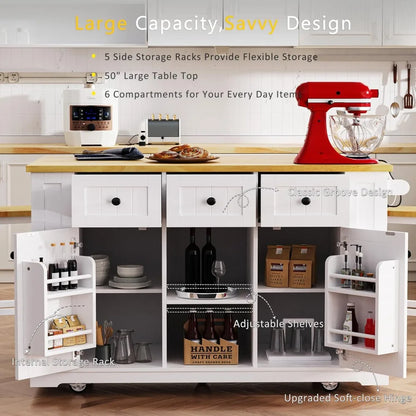 Mobile Farmhouse Kitchen Island with Dining Counter & Power Outlet