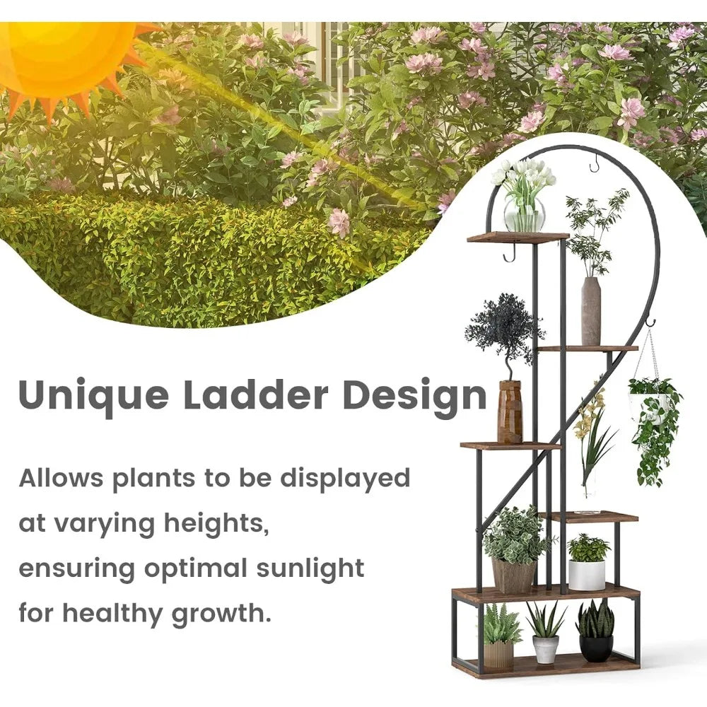 Tall Plant Stand Indoor, Metal Heart Shaped Plant Shelf for Plants Multiple with 6 Hanging Hooks & 12 Boards.