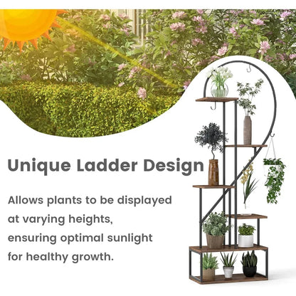 Tall Plant Stand Indoor, Metal Heart Shaped Plant Shelf for Plants Multiple with 6 Hanging Hooks & 12 Boards.