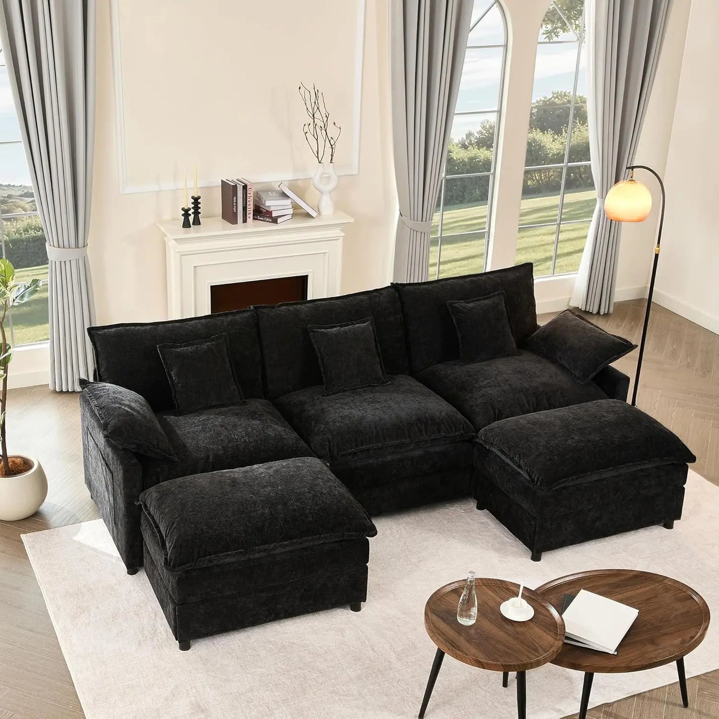 Sectional Linen Sofa with Movable Ottomans