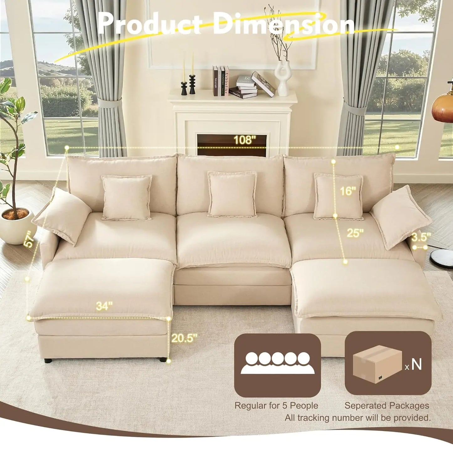Sectional Linen Sofa with Movable Ottomans