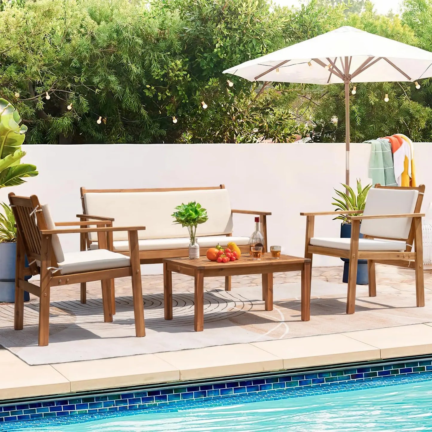 4 Piece Wood Patio Set with Loveseat & Coffee Table
