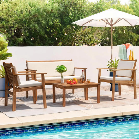 4 Piece Wood Patio Set with Loveseat & Coffee Table