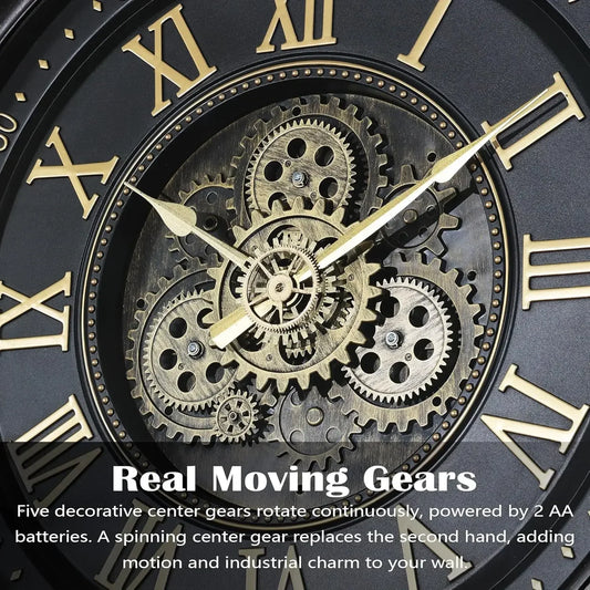 24" Farmhouse Wall Clock with Industrial Steampunk Gears