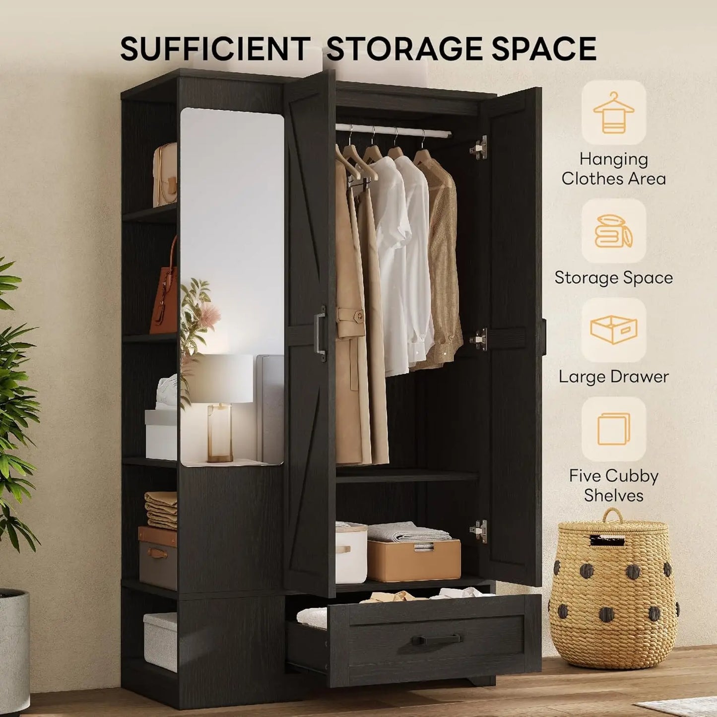 70" Tall Wardrobe Closet with Mirror for Bedroom