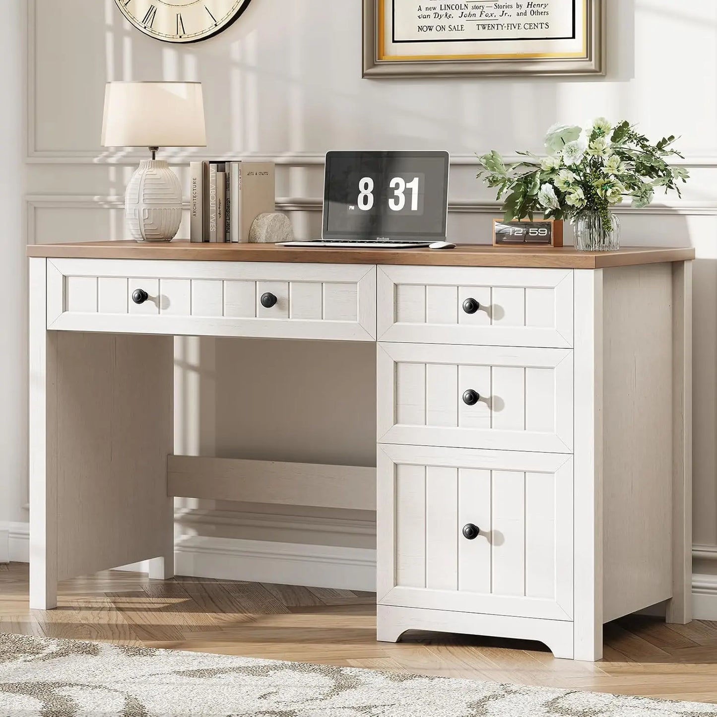 Farmhouse Home Office Desk with File Cabinet & 4 Drawers