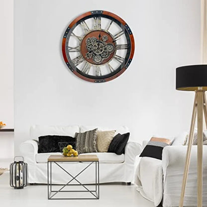 Rustic Farmhouse Industrial Wall Clock for Living Room Decor, Black Walnut Solid Wood Metal, Retro Steampunk Gears Design,  V