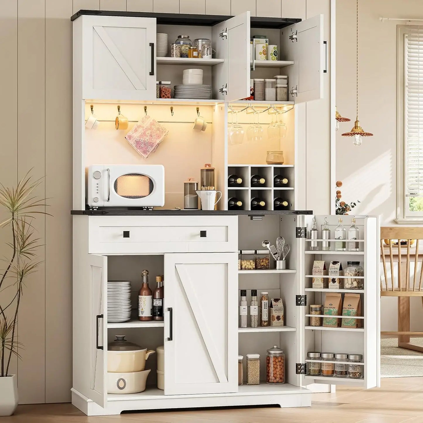 71" Tall Farmhouse Pantry Cabinet with Charging Station & LED Light