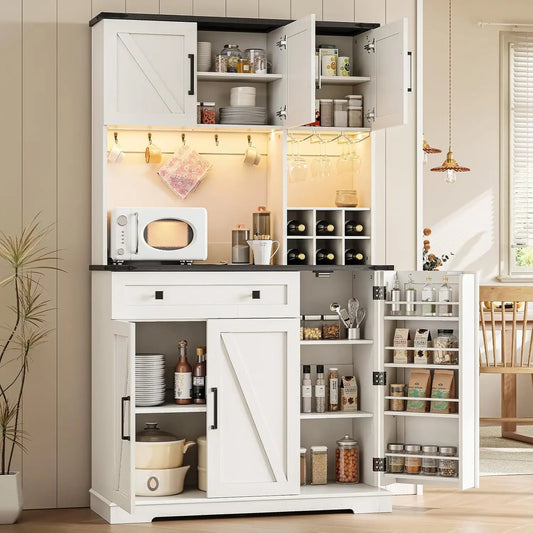 71" Tall Farmhouse Pantry Cabinet with Charging Station & LED Light