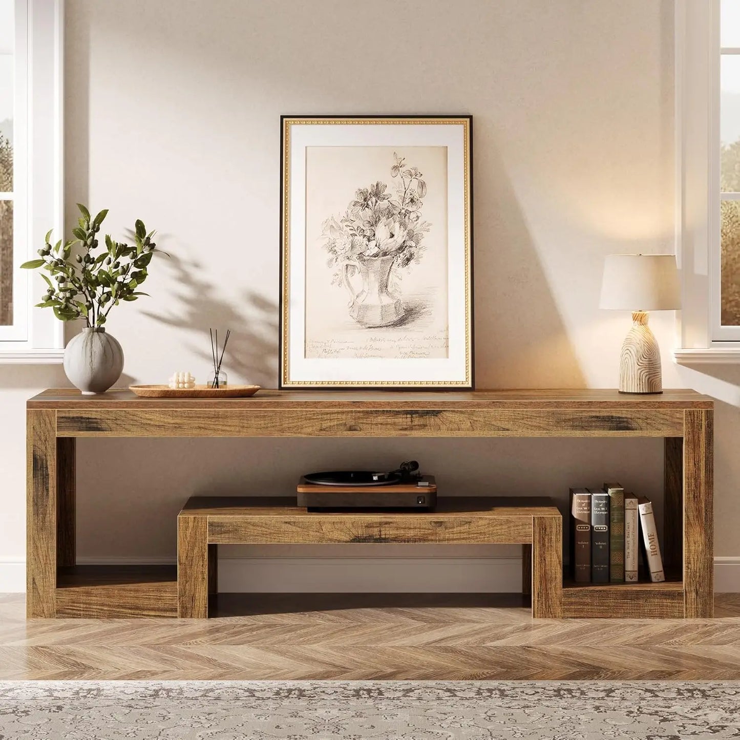 Farmhouse TV Stand with Open Storage Shelves