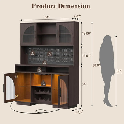 71" Tall, Kitchen Hutch Cabinet with Charging Station & LED