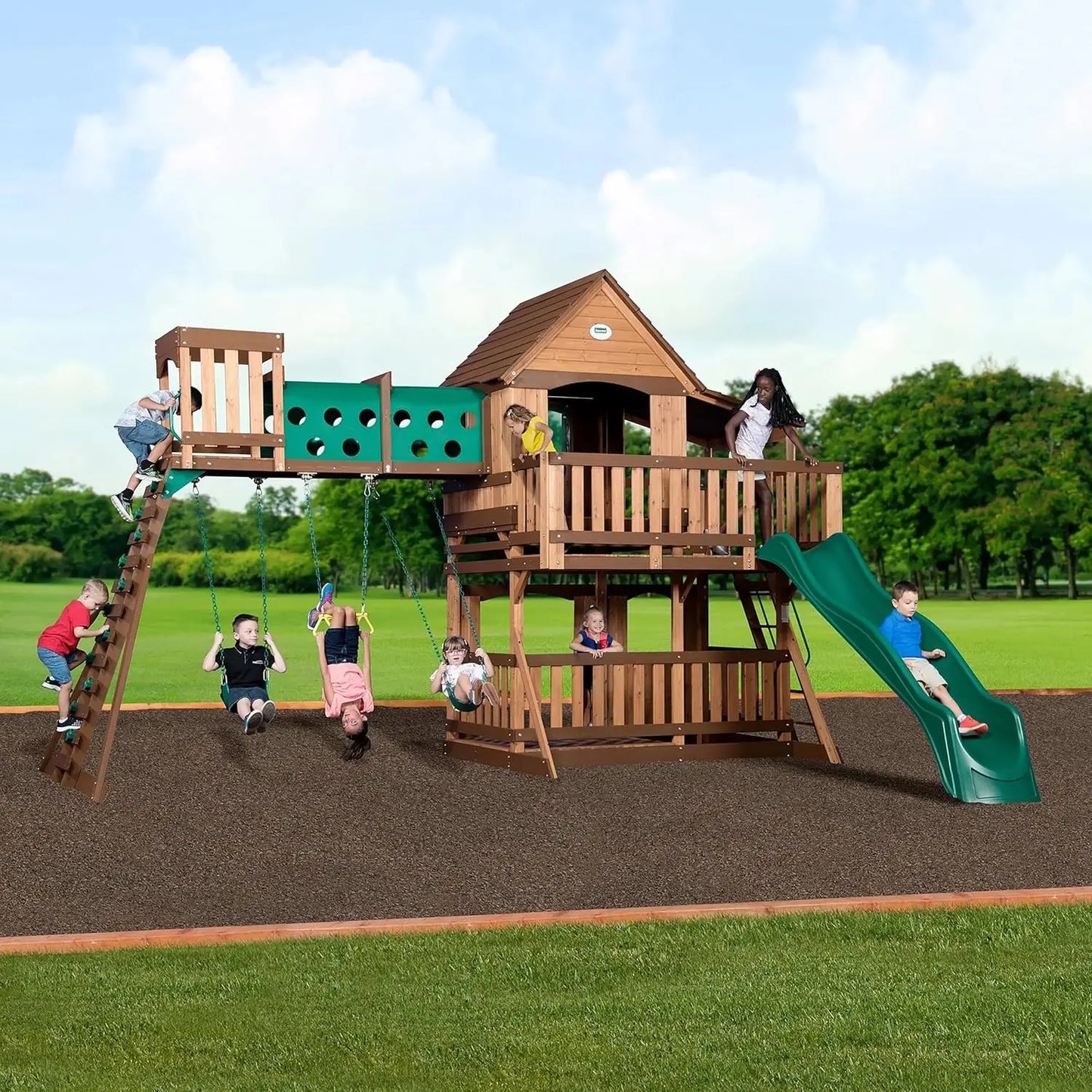 Wooden Play Fort with Swing Set, Slide & Crawl Tunnel
