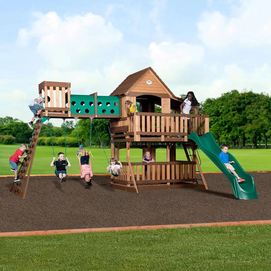Wooden Play Fort with Swing Set, Slide & Crawl Tunnel