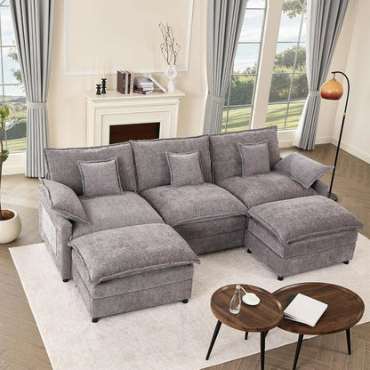 Sectional Linen Sofa with Movable Ottomans