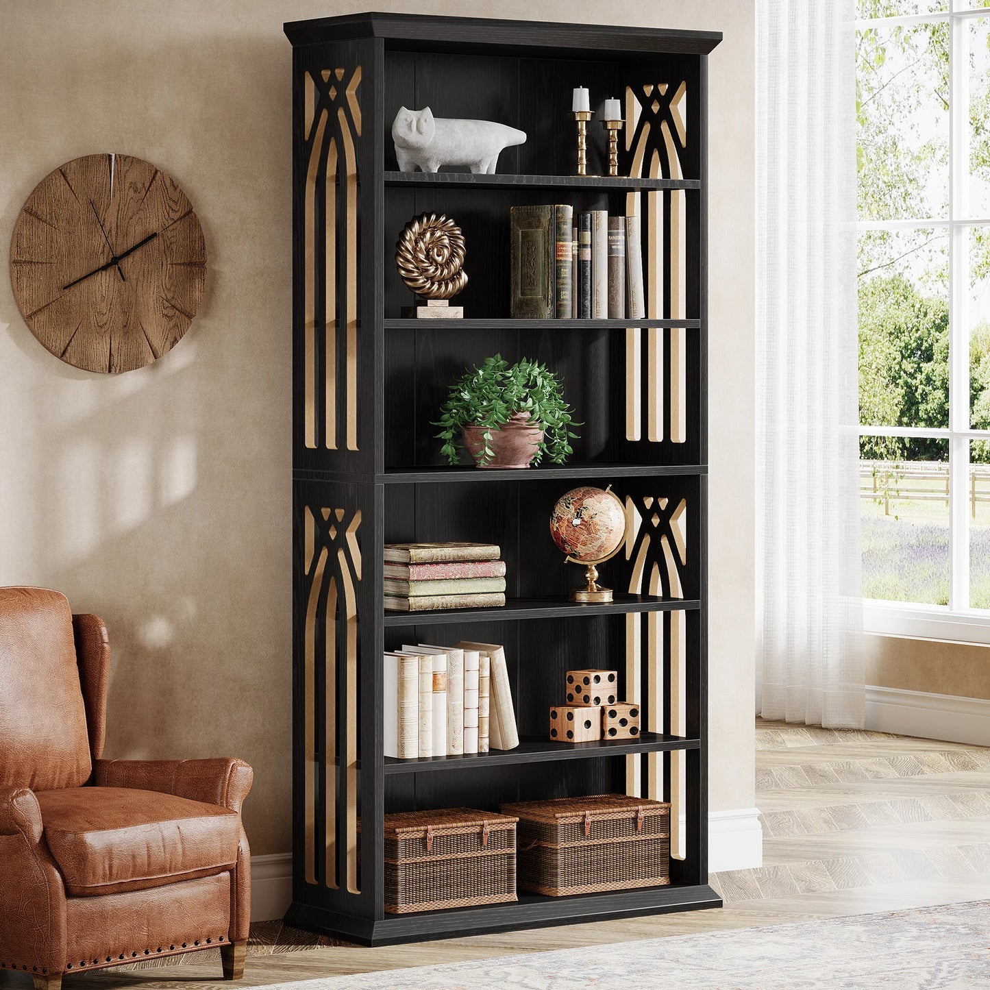 75" Tall Wooden Bookshelf with Display Shelves