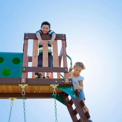 Wooden Play Fort with Swing Set, Slide & Crawl Tunnel