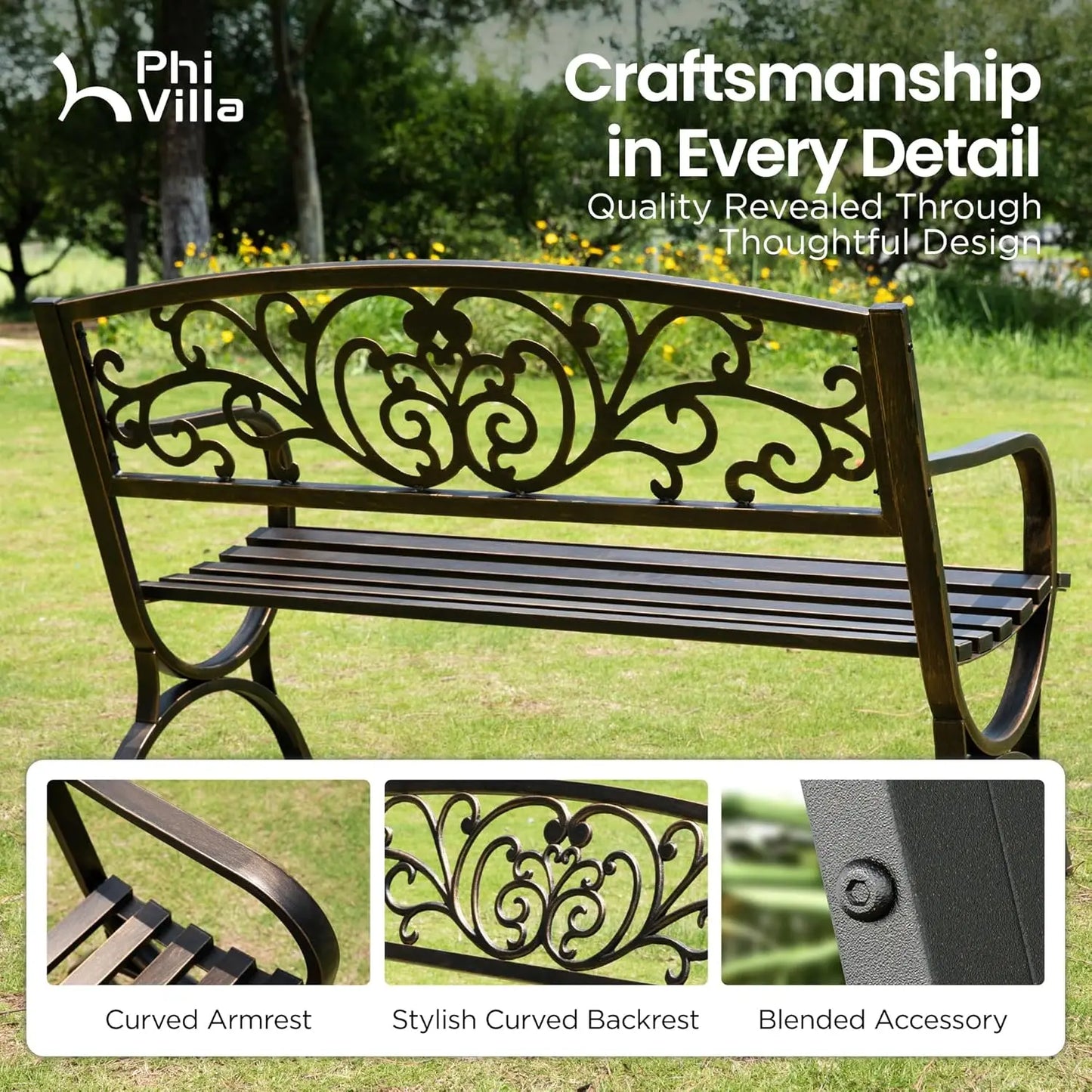Cast Iron Steel Garden Bench for Patio or Porch