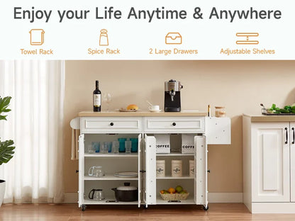 Mobile Kitchen Island with Spice Rack & Power Outlet