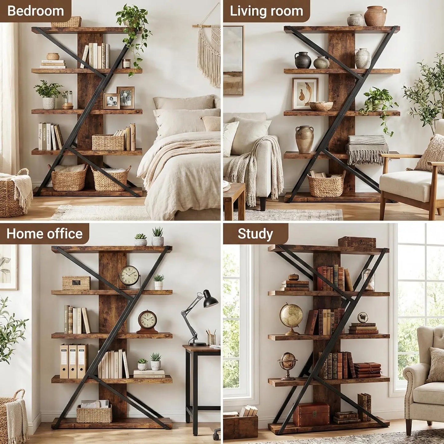 5-Tier Industrial Rustic Bookcase Display